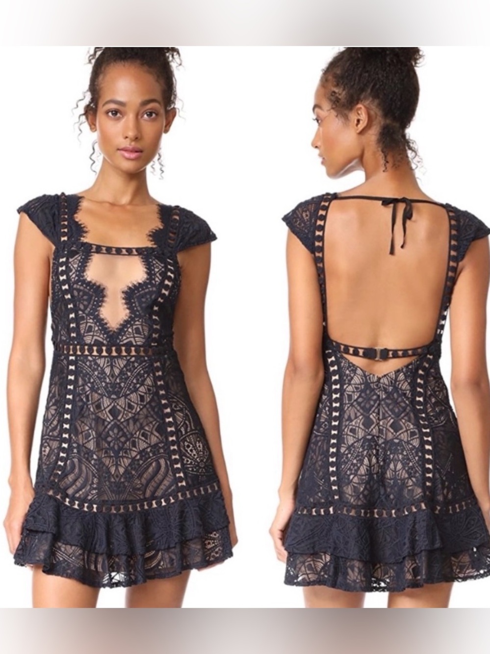 For Love & Lemons Emerie Mini Dress – Black/Nude Lace – Size S